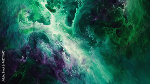 Modern abstract art inspired by the Aurora Borealis in greens and purples. ,