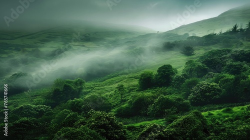 Lush green landscape shrouded in mist