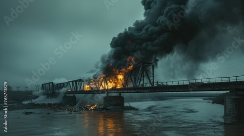 Powerful explosion on a concrete road bridge during the day. burning bridge. 
