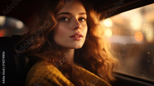 Beautiful young woman in a taxi. © Dennis