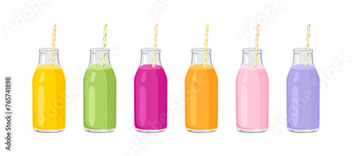 Row of fresh smoothies in glass bottles with straws isolated on white. Vector cartoon illustration of different healthy juices.