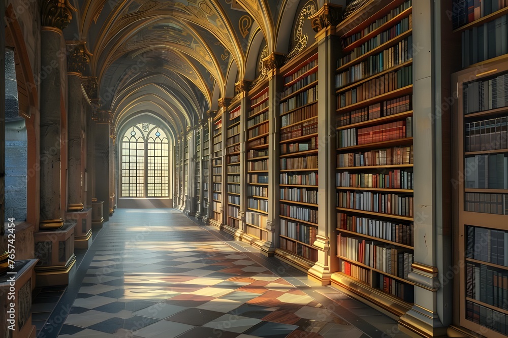 Historic Library Interior: Highlight the grandeur and elegance of a historic library interior, showcasing rows of books and intricate architecture.

