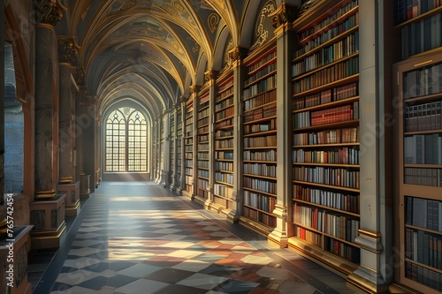 Historic Library Interior: Highlight the grandeur and elegance of a historic library interior, showcasing rows of books and intricate architecture.