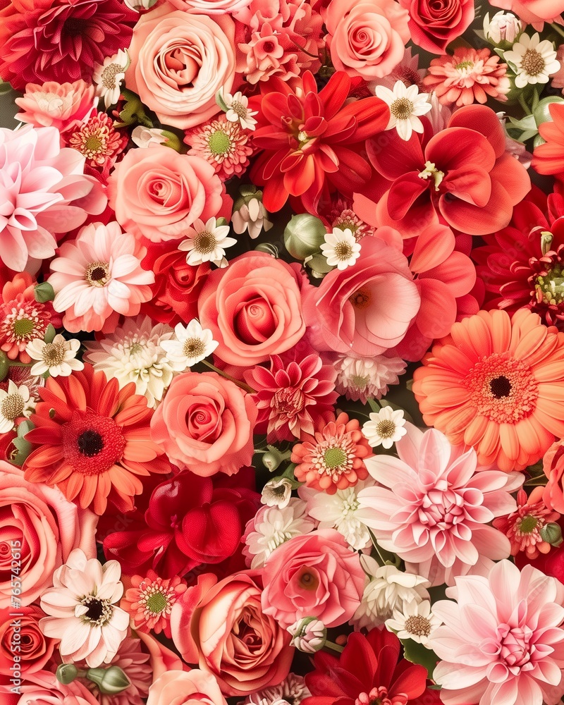 Vibrant Red Floral Tapestry: A Close-up View of an Abstract Flower Collage Background Vibrant Red Floral Tapestry: A Close-up View of an Abstract Flower Collage Background