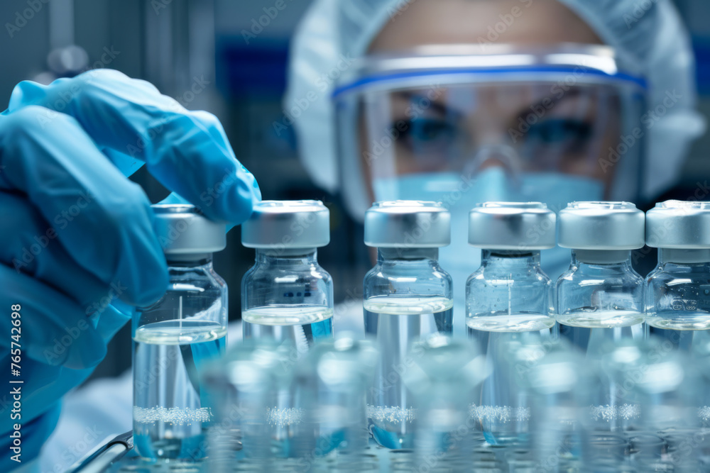 Medical Gloves Handling Test Tube Vials in Laboratory, Vaccine, Scientist - Generative AI