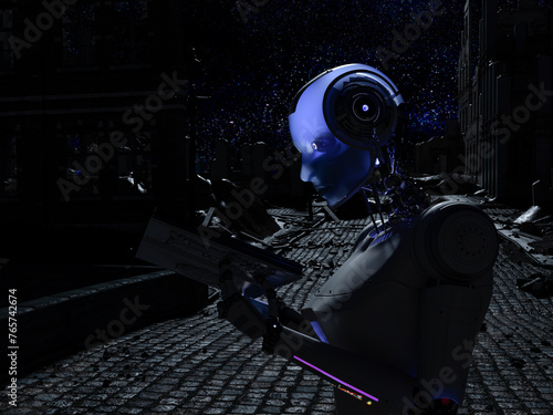 A female robot is reading a book. She found it in a destroyed human city.