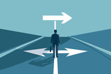 Career Decisions Concept - Businessman at Crossroads, Choosing Path to Success. Opportunities, Growth, Progress Arrows. Different Directions, Options for Career Development. Vector Illustration.