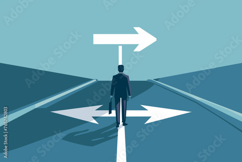 Career Decisions Concept - Businessman at Crossroads, Choosing Path to Success. Opportunities, Growth, Progress Arrows. Different Directions, Options for Career Development. Vector Illustration.