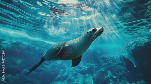 A sea lion swims underwater in a blue sea.