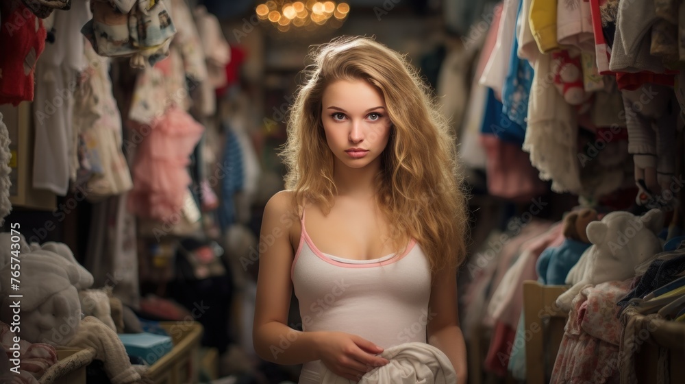 Beautiful young woman in a baby shop
