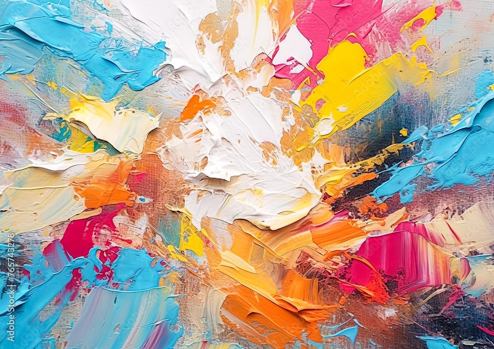 A painting of a colorful explosion of paint with a blue sky in the background. The painting is full of bright colors and has a sense of energy and movement