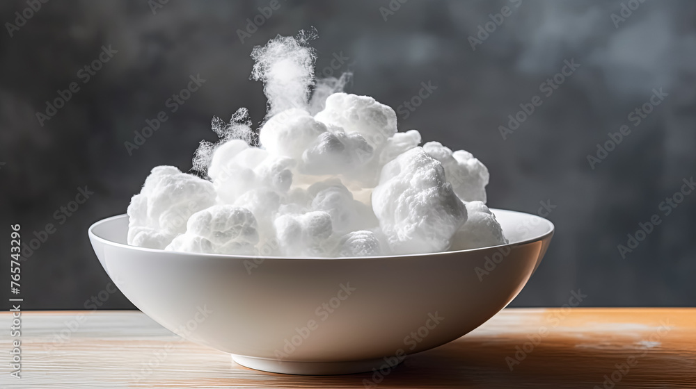 A white bowl filled with white clouds. The bowl is on a wooden table A white bowl filled with white clouds. The bowl is on a wooden table