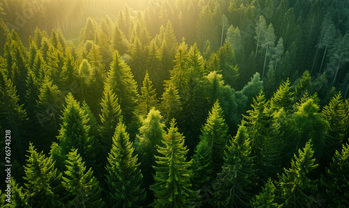 Aerial view of pine forest in the morning