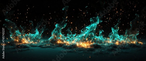 Abstract teal fire particles with embers and sparkson plain black background from Generative AI