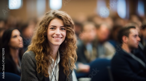 Beautiful young woman student participating in a student conference