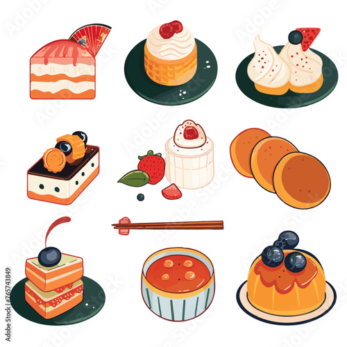 Illustration showcasing a delightful assortment of stylized sweet treats, including cakes and pastries, on a warm pastel background, perfect for a dessert menu or food blog.

