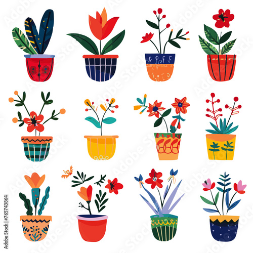 An array of twelve potted plant illustrations, each rendered in a vibrant folk art style with intricate patterns and a warm, inviting color palette.
