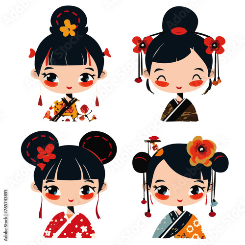 A vibrant set of kokeshi dolls illustrated in a modern style, featuring adorable expressions and traditional Japanese kimonos on a vivid yellow background.
