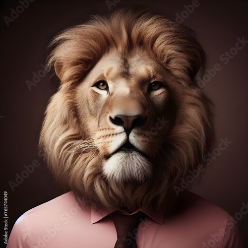 Reassuring lion in pink shirt and tie