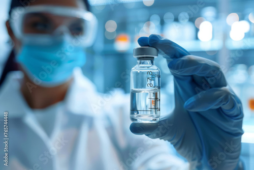 Obraz na płótnie Medical Gloves Handling Test Tube Vials in Laboratory, Vaccine, Scientist - Generative AI w salonie