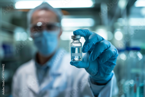 Obraz na płótnie Medical Gloves Handling Test Tube Vials in Laboratory, Vaccine, Scientist - Generative AI w salonie