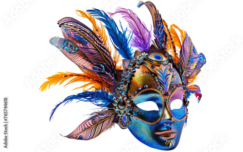 A Vibrant Carnival Mask with Ornate Feathery Detail Isolated on Transparent Background.