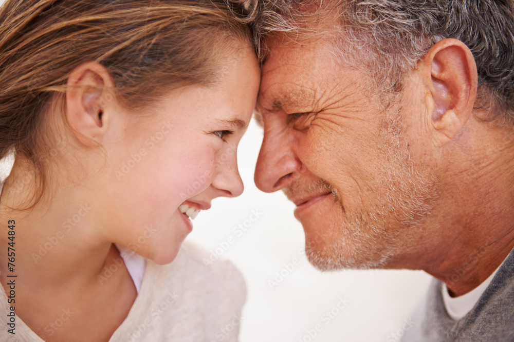 Home, grandpa and girl with smile, love and old man babysitting granddaughter in apartment. Senior, elderly male person and child in house with happiness, care and bonding together, relax and face Home, grandpa and girl with smile, love and old man babysitting granddaughter in apartment. Senior, elderly male person and child in house with happiness, care and bonding together, relax and face