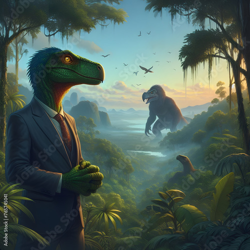 Anthropomorphic artistic image of jungle raptor in distance wearing suit