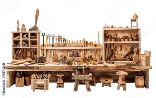 Inside a Woodworking Shop with Tools and Materials Isolated on Transparent Background.