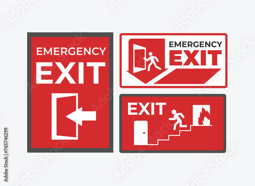 mergency exit sign set. Man running out fire exit. Running man and exit door sign. Escape help evacuation. Safety vector symbol.