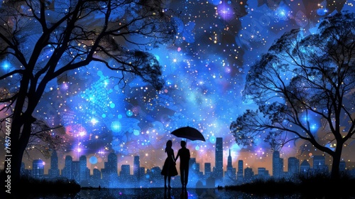 Loving couple under a starry sky in the city.