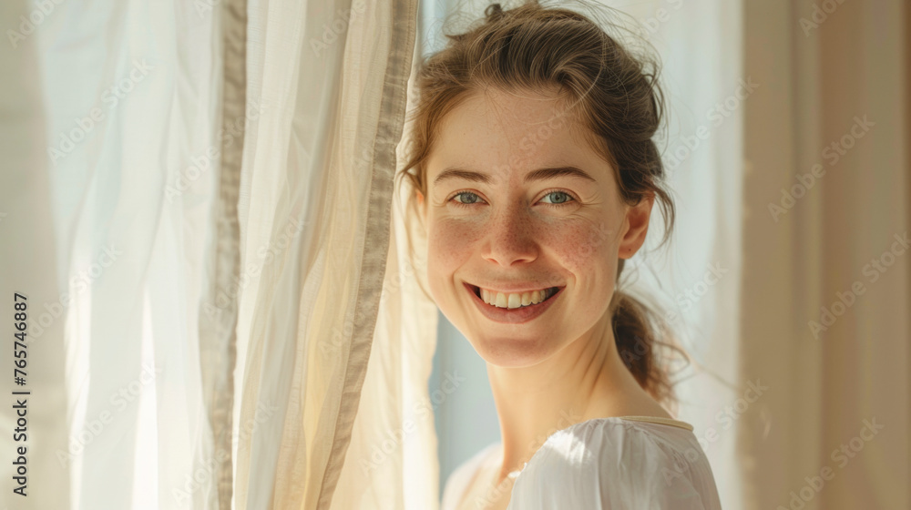 Caucasian Woman Gracefully Opening Curtains in Sunlit Bedroom, Radiant Smile Lighting Room with Warmth. Serene Beauty. Caucasian Woman Gracefully Opening Curtains in Sunlit Bedroom, Radiant Smile Lighting Room with Warmth. Serene Beauty.