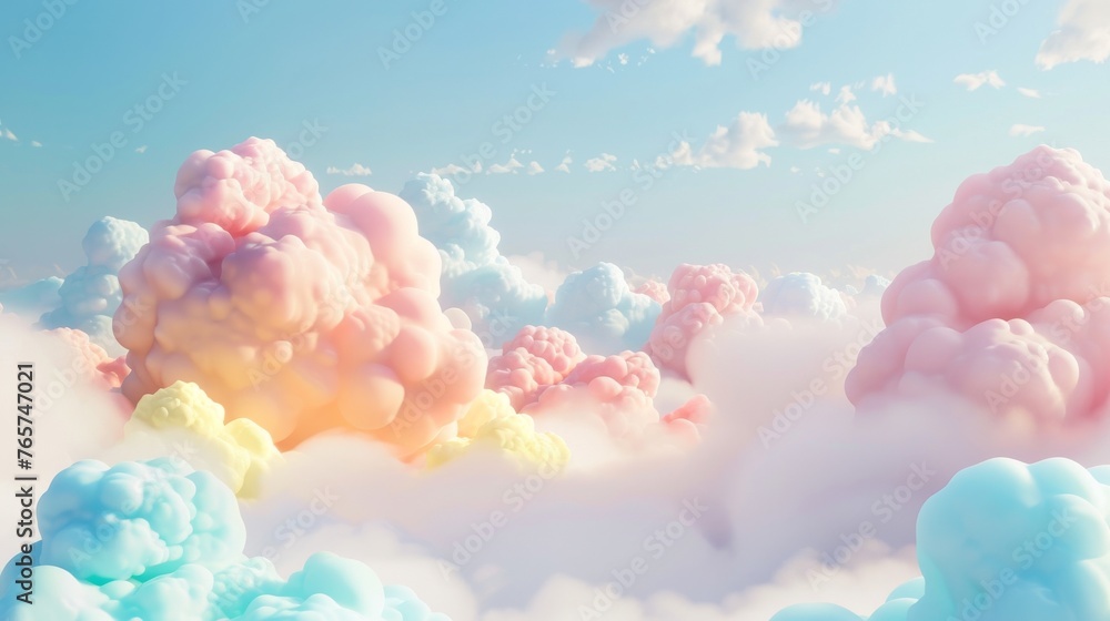 A 3D-rendered backdrop of fluffy clouds in pastel colors, offering a soft and cute setting with ample space for advertising - obrazy, fototapety, plakaty 