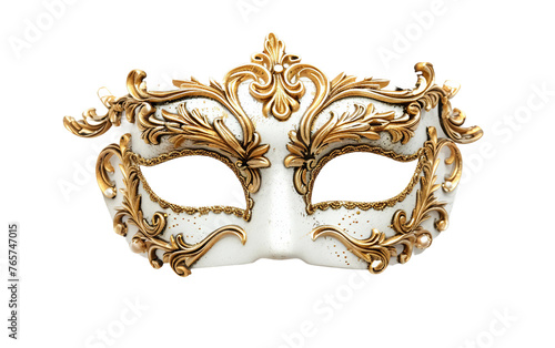 A Venetian Carnival Mask Adorned with Golden Grandeur Isolated on Transparent Background.