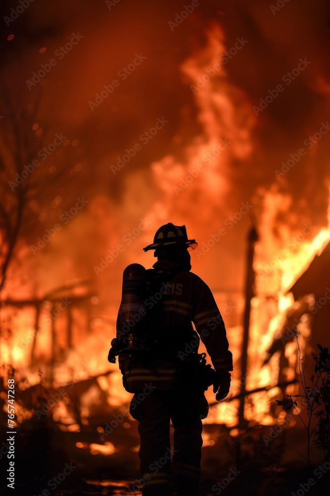 A firefighter's silhouette against roaring house flames at dusk, embodying bravery