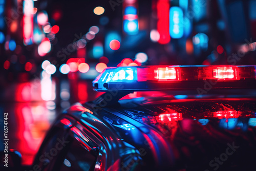 Close-up of red and blue police car lights at night. A detailed view of emergency vehicle lights with blurred city background in the evening