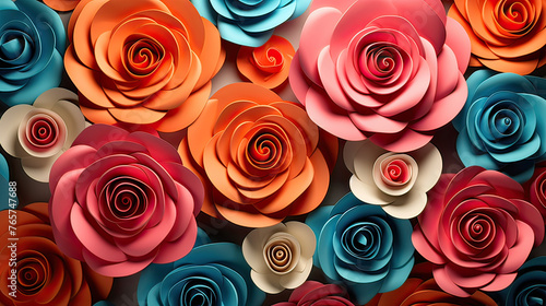 A chic and stylish abstract background adorned with 3D paper roses in vibrant colors  creating a modern and trendy floral scene Ai Generative