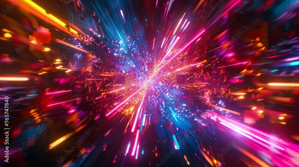 Dynamic bursts of neon light exploding from a central point and dispersing outward in a dazzling display of color and motion