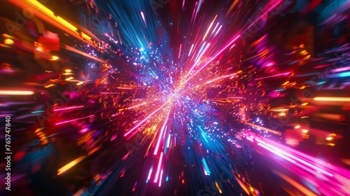 Dynamic bursts of neon light exploding from a central point and dispersing outward in a dazzling display of color and motion