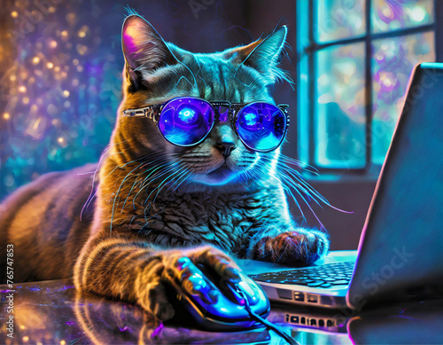 Ilustração de um gato tigrado, humanizado, usando óculos, concentrado, trabalhando em home office, usando o notebook.