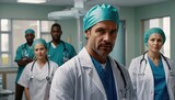confident doctor looking at camera with colleagues in background at hospital