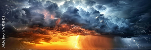 The dark clouds in the sky, lightning and thunder, storm  Weather background banner 