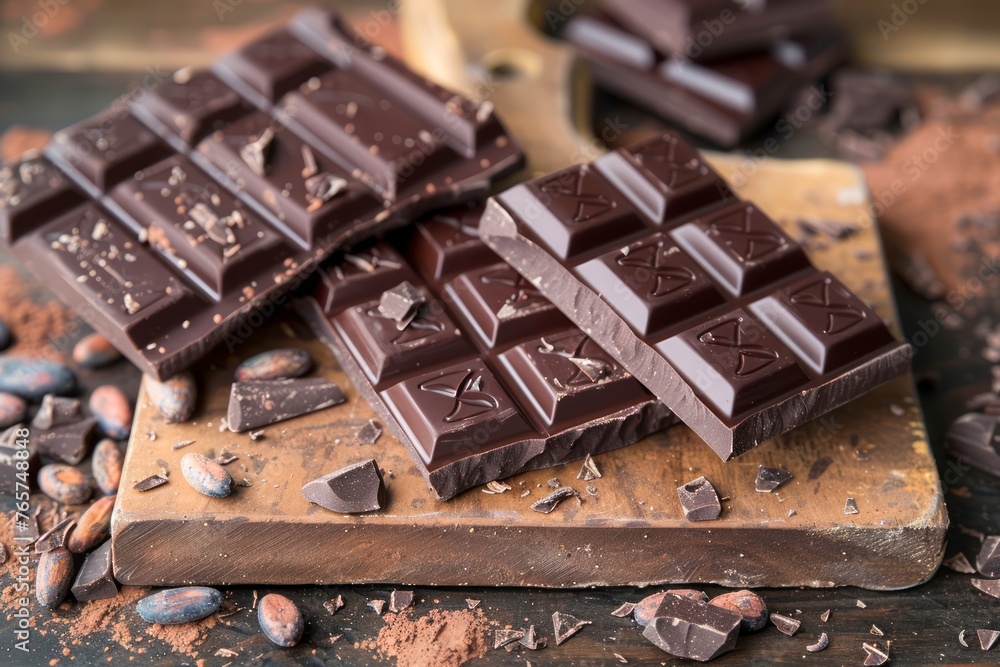 Artisan Dark Chocolate Bars with Cocoa Powder and Beans on Wooden Board, Delightful Gourmet Treat Artisan Dark Chocolate Bars with Cocoa Powder and Beans on Wooden Board, Delightful Gourmet Treat