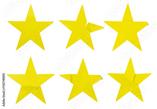 A set of yellow star shape paper sticker label isolated on white background.