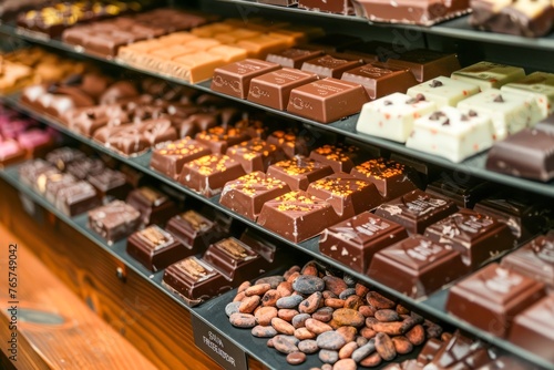 Assorted Gourmet Chocolates Displayed on Shelves in a Luxury Chocolate Shop with Wide Variety of Flavors