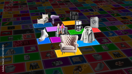 Animated animation of clothing, furniture and electrical appliances. Sales of e-commerce and shopping products.