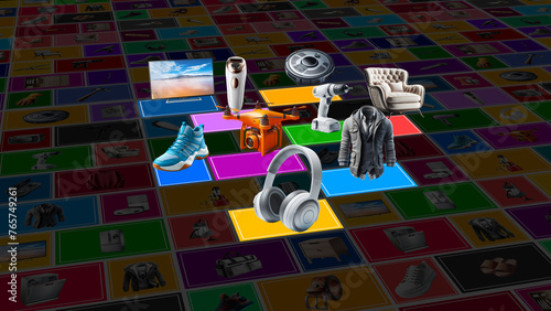 Animated animation of electrical appliances and clothing. Sales of e-commerce and shopping products.