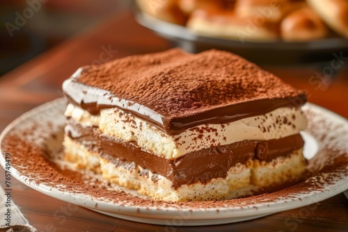 Delicious Classic Tiramisu Dessert on a White Plate with Cocoa Powder Topping in a Cozy Restaurant Setting