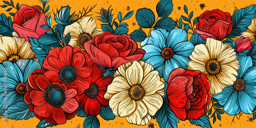 Seamless Floral Pattern with Red, Blue and White Flowers on a Yellow Background for Textile Design Seamless Floral Pattern with Red, Blue and White Flowers on a Yellow Background for Textile Design