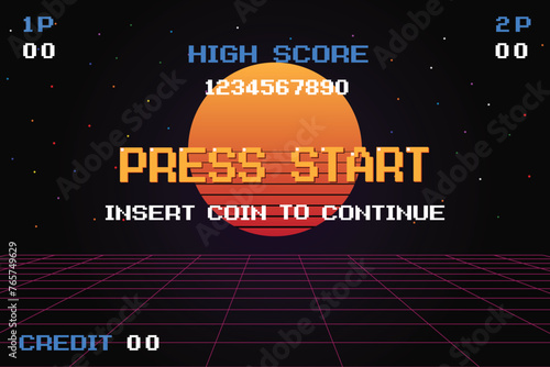 PRESS START. pixel art .8 bit game. retro game. for game assets in vector illustrations. classic retro 80s style sunset background.